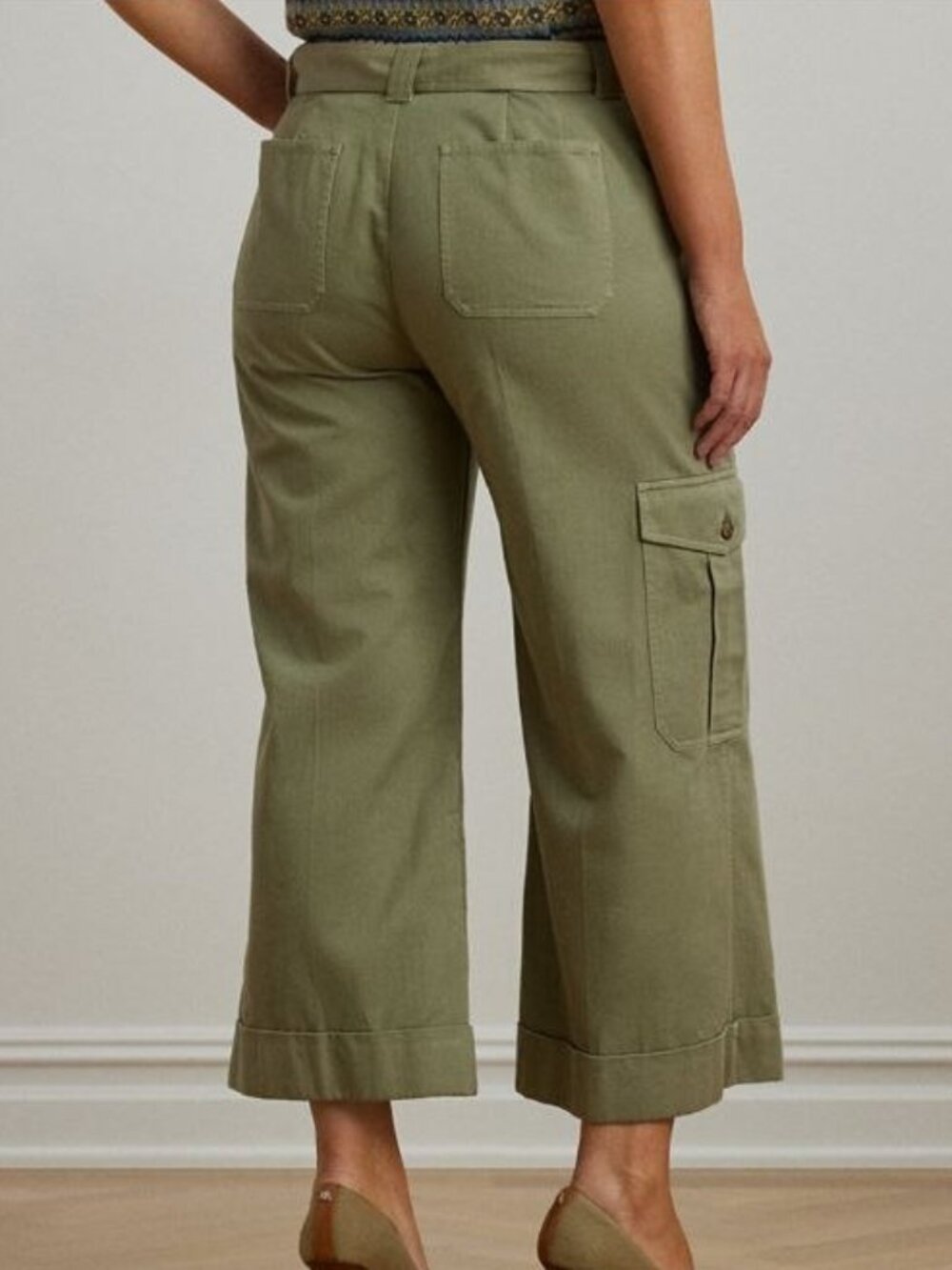 $185 Lauren Ralph Lauren Pleated Cotton Twill Wide-Leg Cargo Pant Green Size 16 - Picture 3 of 12